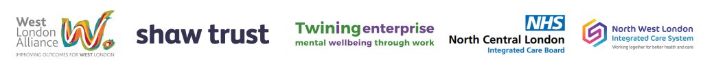 An image of 5 logos, west london works, shaw trust, twinings enterprise, NHS and north west london integrated care