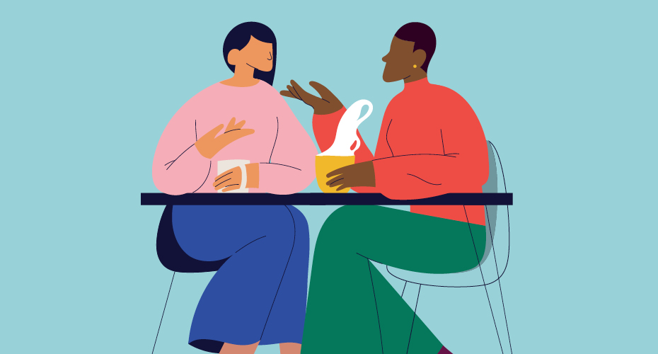 illustration of two people chatting at a table