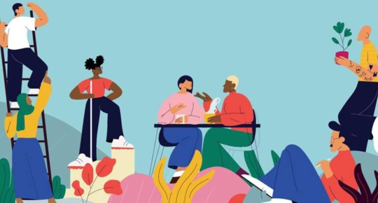 Colourful image of people gathered together. Some are sitting and talking, others are on devices, and others are climbing stairs and ladders to show progress.