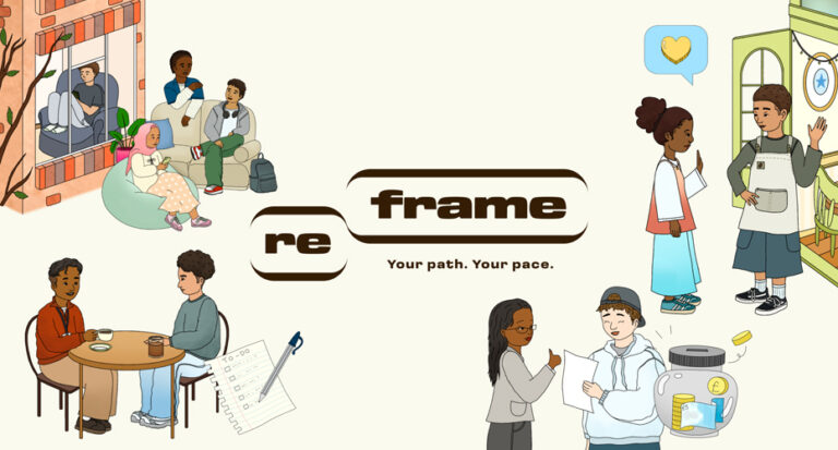 Illustration of various young people, with the name of our pilot (Reframe) in the centre of the image.