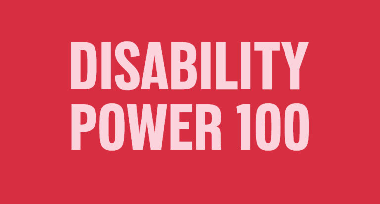 Disability Power 100 logo, with name in capitals on a red background.