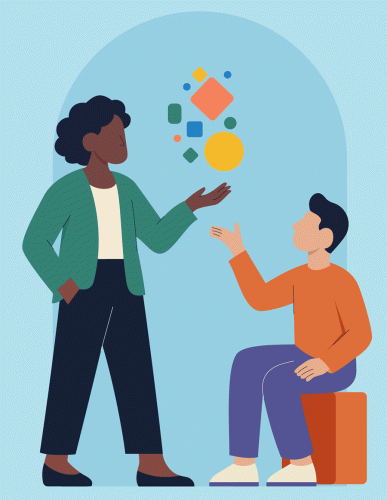 An illustration of a woman presenting a colorful puzzle to a child, who looks excited and engaged in the activity.